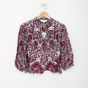 Bohemian Ikat Printed Peasant Blouse - Burgundy & Gray